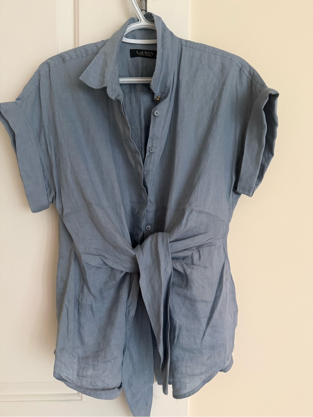 Lauren Ralph Lauren Dusty Blue Tie-Front Button Shirt - Picture 1 of 1